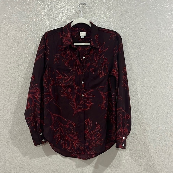 A New Day Brown w Red Floral Button Front LS Blouse Top Womens M 100% Polyester - Picture 1 of 12